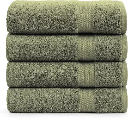 Lane Linen 100% Cotton 4 Pack Bath Towels (28"x54") - Zero Twist, Mercerized Cotton Bathroom Towels Set - Quick Dry, Very Soft & Absorbent Large Bath Towels - Tumble Dry Regains Fluffiness - Oil Green