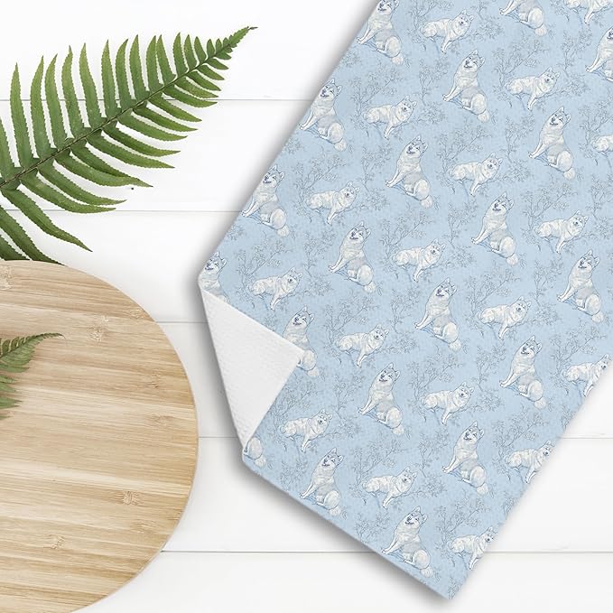 Siberian Husky Dog Gifts for Light Blue Chinoiserie Floral Decor Kitchen Towels，Blue and White Husky Dog Grandmillennial Decorative Dish Tea Towels for Kitchen Bathroom,16x24 Inch