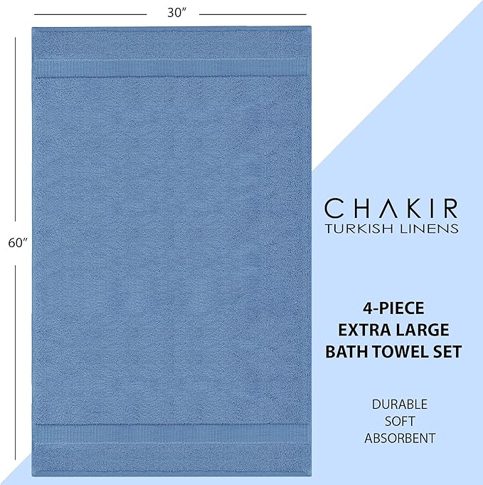 Chakir Turkish Linens | Hotel & Spa Quality 100% Cotton Luxury Turkish Towels | Soft & Absorbent (30x60 Inches Extra Large Bath Towels, Set of 4 - Wedgewood)