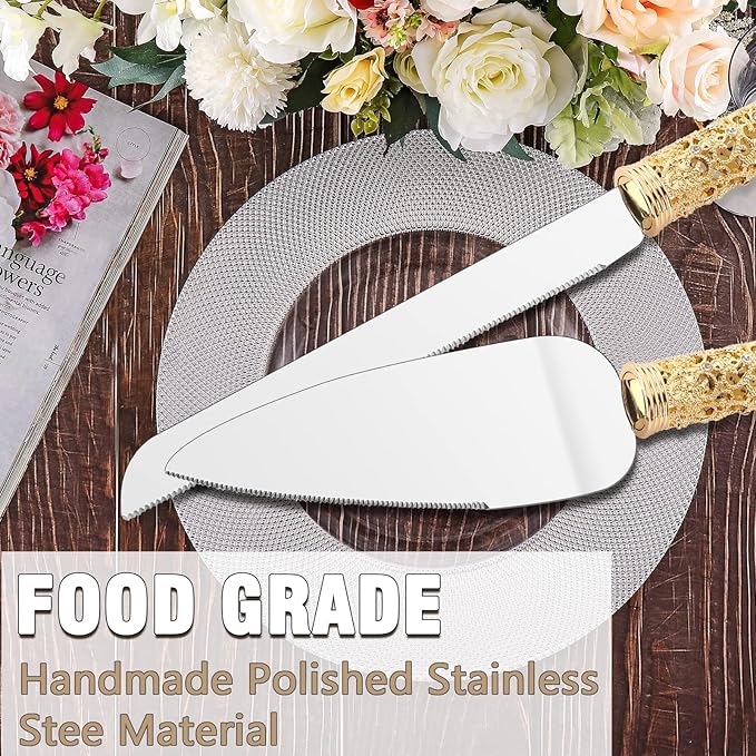 Gold Cake Knife and Server Set - 2 Piece Dessert Set Metal Handle with Crystal Stones Decoration for Wedding, Anniversary Party Birthday Banquets and Gifts for Bride and Groom