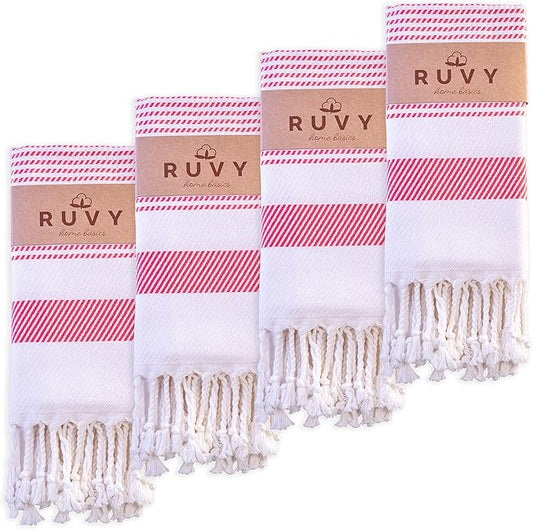 Ruvy Home Basics Turkish Hand Towels for Bathroom Set of 4 | 18"x40", Cotton | Decorative Towel for Bathroom, Kitchen, Dishcloth, Tea, Yoga, Face, Gym - Coral