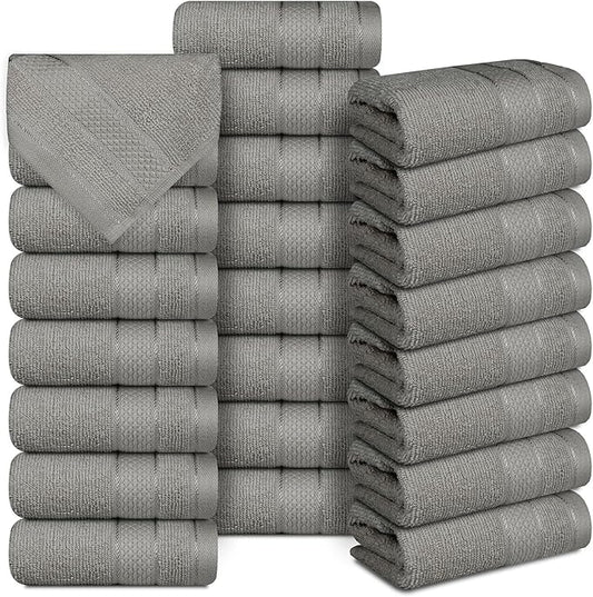 Casa Lino Face Towels & Body Wash Cloths for Showering - 100% Cotton Wash Cloths for Bathroom - Highly Absorbent & Quick Drying Washcloth Set - Cotton Washcloths 24 Pack (12" x 12") - (Silver Grey)