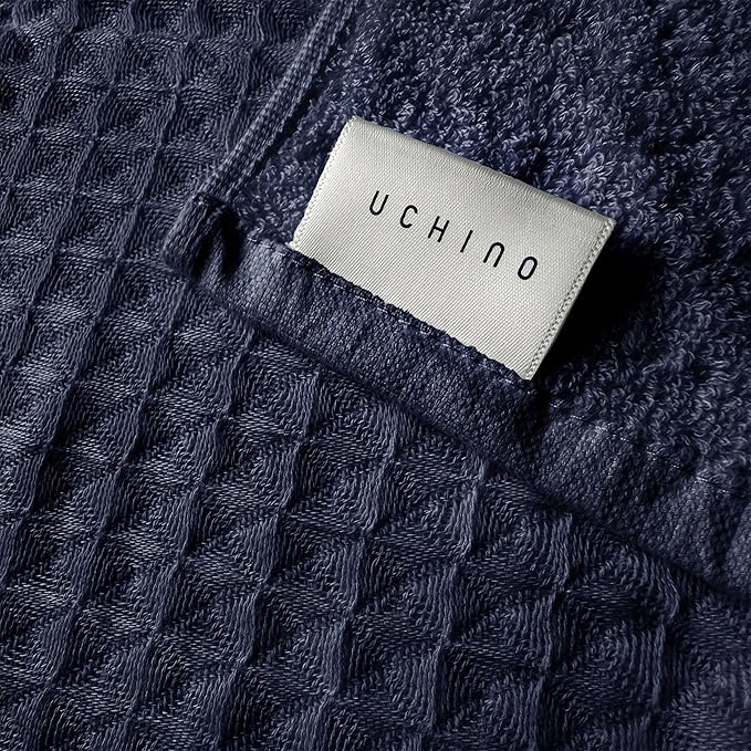 UCHINO Waffle Twist Cotton Weave Bath Towel for Bathroom Lightweight Absorbent Quick Dry Honeycomb Texture Solid Terry Loop Reverse 30" x 60", 1 Bath Towel, Indigo