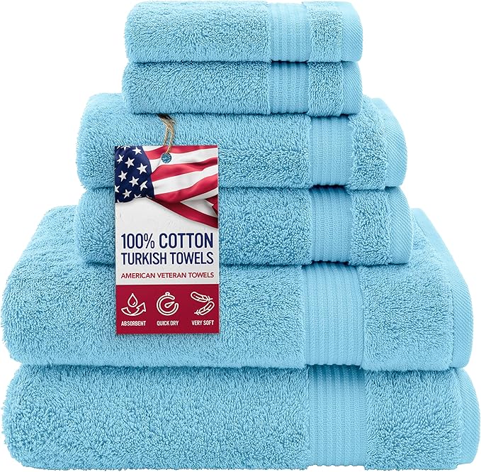 American Veteran Towel, 100% Cotton Turkish 6 Piece Towel Set Luxury Towels Set of 6 for Bathroom Essentials, 2 Bath Towels 2 Hand Towels 2 Washcloths, Sky Blue