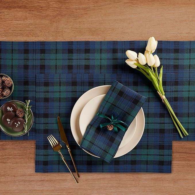 Solino Home Linen Blackwatch Table Runner 144 Inches Long - 100% Pure Linen Blue and Green Plaid Table Runner 14 x 144 Inch for Dining, Holiday, New Year