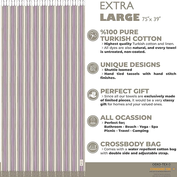 Madamelique Lavender Beach Towel with Beach Bag - 39 x 74 - Prewashed Cotton - Quick Dry - Sand Free - Hand Loomed Turkish Bath Towels