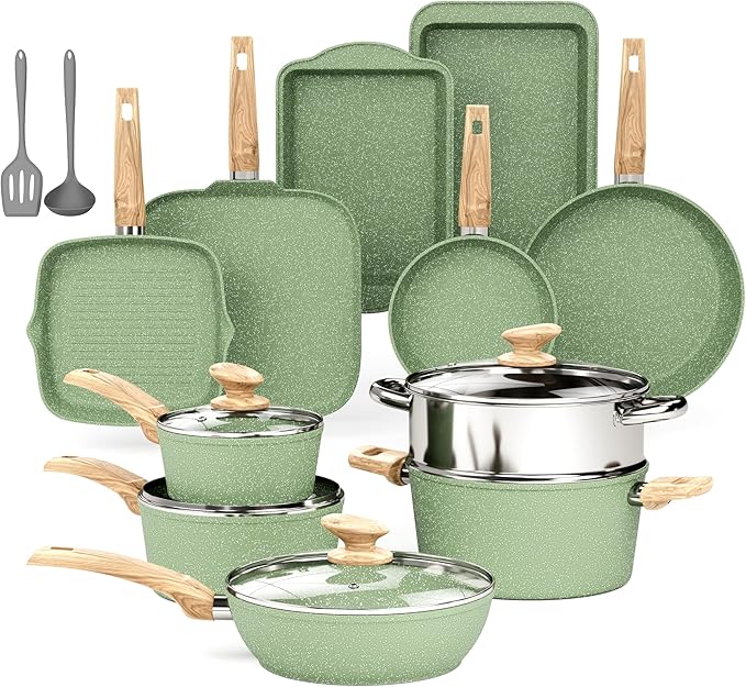 DishDelight Pots and Pans Set Non Stick, 17 Pieces Granite Kitchen Cookware Sets with Nonstick Granite Coating, Induction Cooking Set for Present, Green