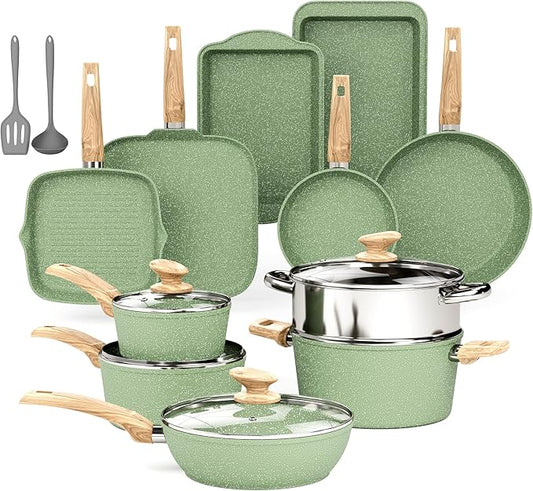 DishDelight Pots and Pans Set Non Stick, 17 Pieces Granite Kitchen Cookware Sets with Nonstick Granite Coating, Induction Cooking Set for Present, Green