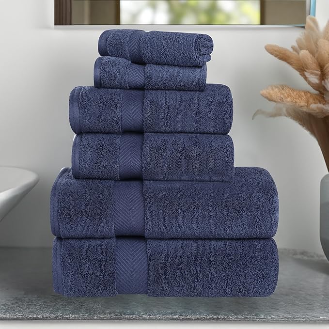 Superior Zero Twist 100% Cotton Towel Set - 6-Piece Set, Extra Soft Bath Towels, Face Towels and Hand Towels, Long-Staple Cotton Towels, Midnight Blue