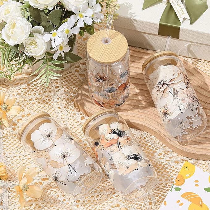 Mumufy 4 Pcs Gift for Women Chinoiserie Flower Glass Cup Tumbler Flower Iced Coffee Mugs 16 oz Glass with Bamboo Lid & Straw, Mothers Day Birthday Gift for Mom Sister Bridesmaid Baby Shower