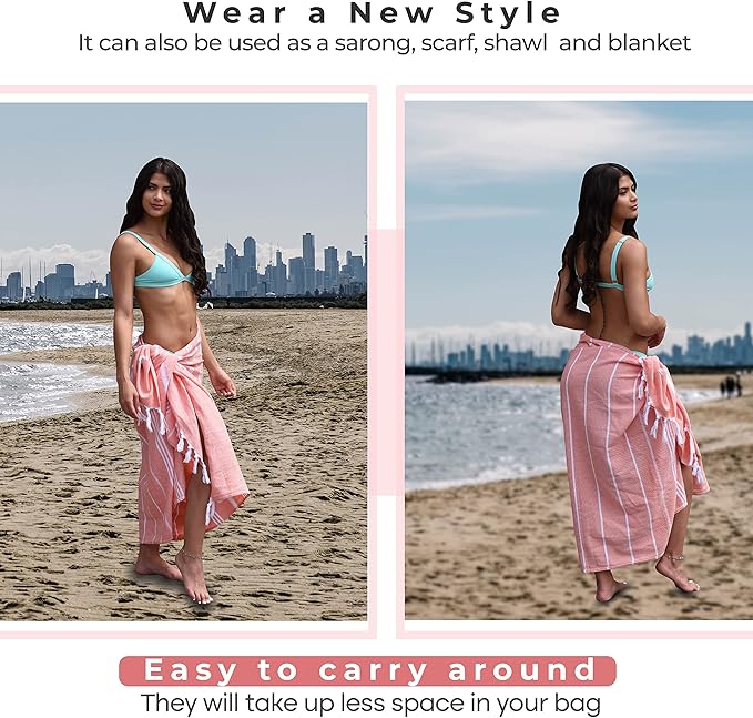 Turkish Beach Towel - Cotton Bathroom Towels Highly-Absorbent Quick Dry Bath Towels 37 x 70 inch Beach Towels Sand-Free Turkish Bath Towel Multipurpose Yoga Towel Beach Blanket (Coral)