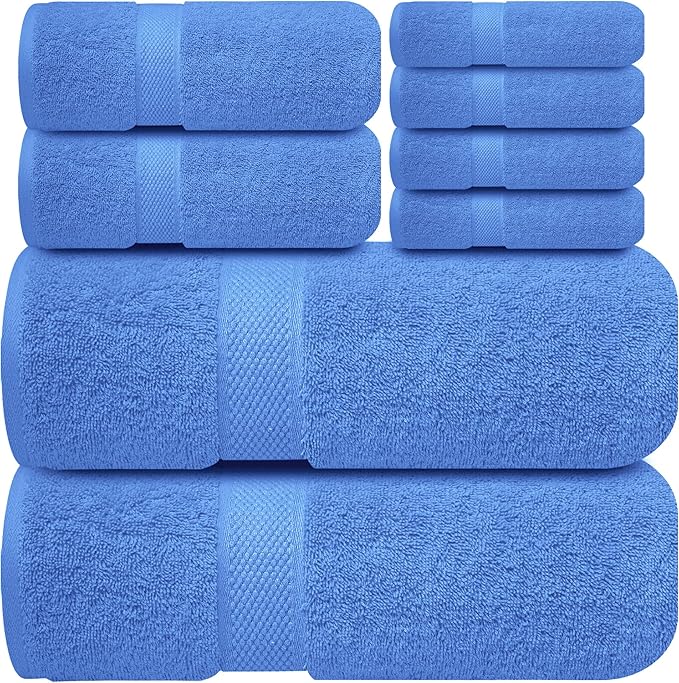 Infinitee Xclusives Luxury 100% Cotton Towel Set – 8 Piece Bathroom Towel Set (2 Bath Towels, 2 Hand Towels, 4 Washcloths) – Soft & Absorbent Towels for Bathroom (Eloquent Blue)