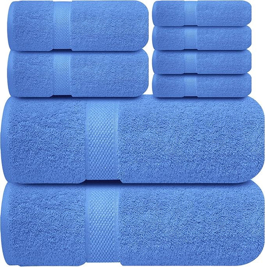 Infinitee Xclusives Luxury 100% Cotton Towel Set – 8 Piece Bathroom Towel Set (2 Bath Towels, 2 Hand Towels, 4 Washcloths) – Soft & Absorbent Towels for Bathroom (Eloquent Blue)
