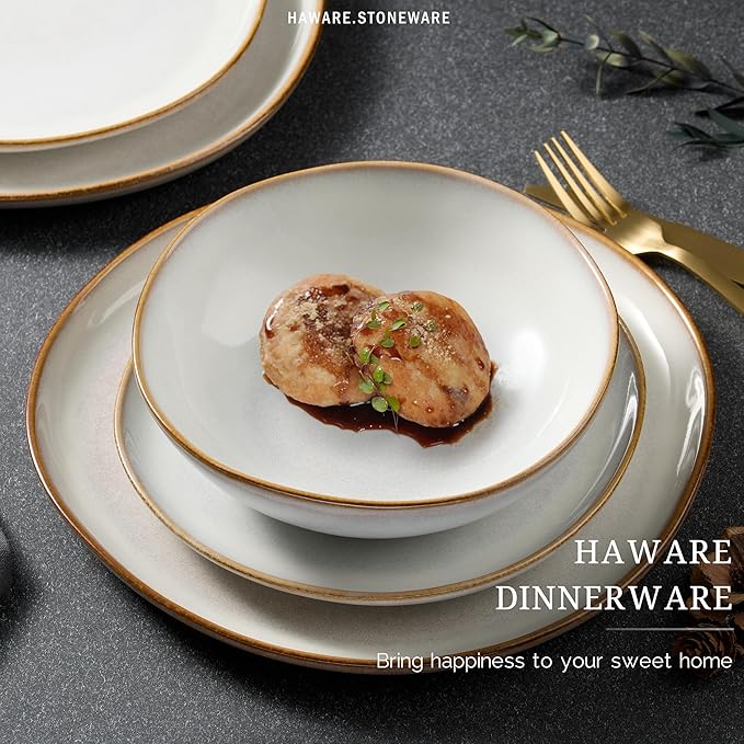 HaWare 12-Piece Dinnerware Sets, Stoneware Plates and Bowls Set for 4, Ceramic Dishware Dinner Set for Home Restaurant, Chip and Crack Resistant, Microwave and Dishwasher Safe, Reactive Pearl White