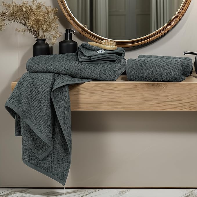 Tens Towels Pack of 6 Zero Twist Towels Set, 2 Bath, 2 Hand, 2 Waschloths, 100% Cotton, Light Weight, Extra Absorbent, Exceptional Softness, Perfect for Bathroom (Dark Grey)