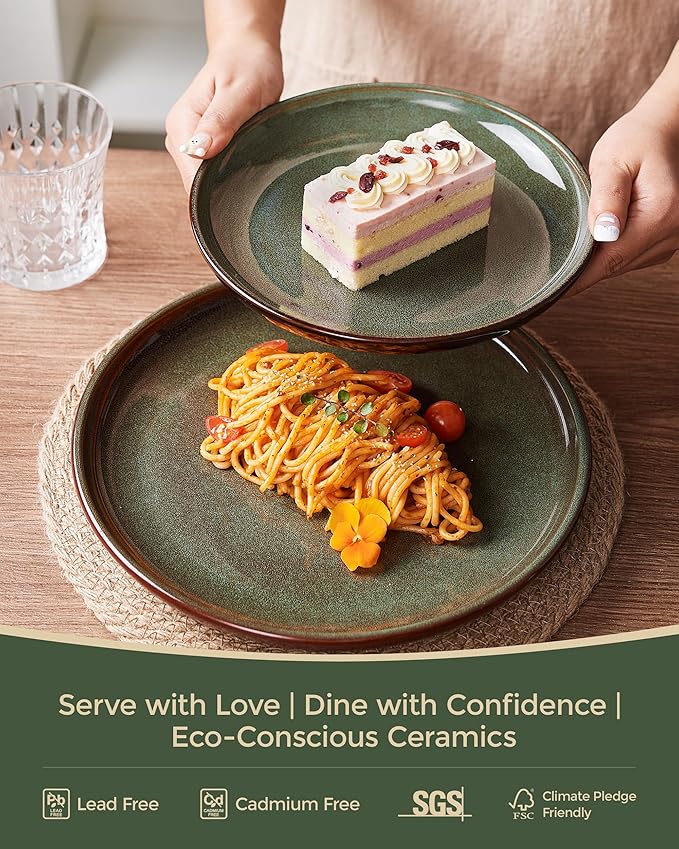 Stoneware Dinnerware Sets for 6, 18 Pieces Ceramic Plates and Bowls Sets, Chip and Scratch Resistant Dish Set, Dishwasher & Microwave Safe Plate Set, Brown Green