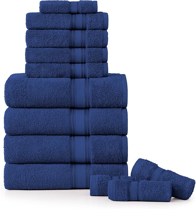 LANE LINEN 100% Mercerized Cotton Towels Set 12 – Zero Twist, 4 Bath Towels, 4 Hand Towel & 4 Washcloths, Stays Plush After Washes, Ideal for Spa, Hotel & Family Bathrooms, Highly Absorbent – Navy