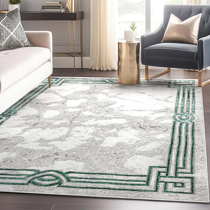 Well Woven Lezlee Abstract Modern 9'3" x 12'6" Area Rug - Emerald Green Marble Border - for Large Living Room, Dining Room, Bedroom