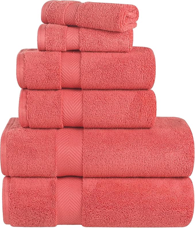 Superior Zero Twist 100% Cotton Bathroom Towels, Super Soft, Fluffy, and Absorbent, Premium Quality 6 Piece Towel Set with 2 Washcloths, 2 Hand Towels, and 2 Bath Towels, Coral