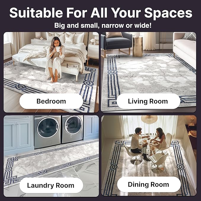 Well Woven Lezlee Abstract Modern 5'3" x 7'3" Area Rug - Blue Marble Border - for Living Room, Dining Room, Bedroom