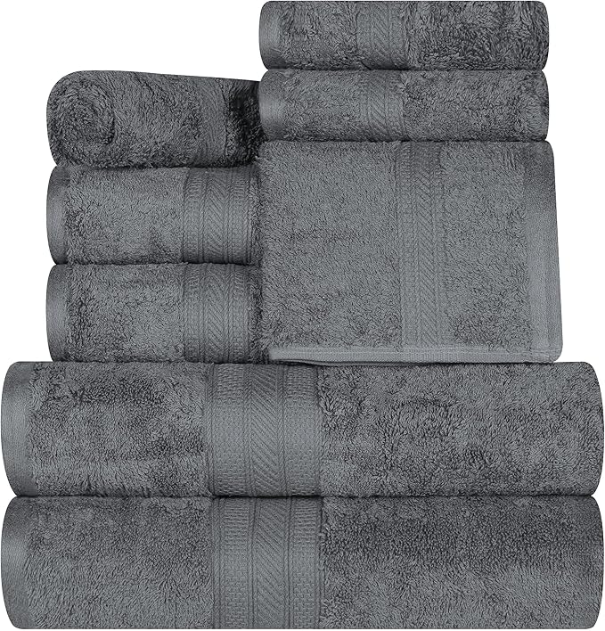 Superior Long Staple 100% Combed Cotton 700GSM 8-Piece Solid Towel Set for Bathroom, Shower, Kitchen-Super Soft, Plush, Assorted 8-Piece Towels, 4 Face/Washcloths, 2 Hand Towels, 2 Bath Towels, Grey