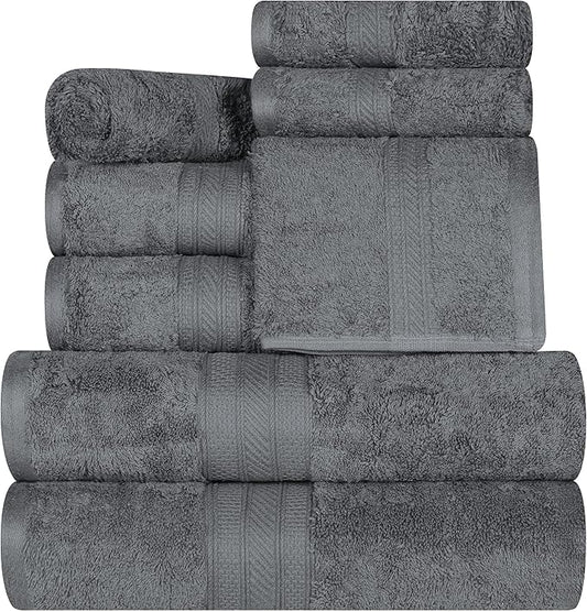 Superior Long Staple 100% Combed Cotton 700GSM 8-Piece Solid Towel Set for Bathroom, Shower, Kitchen-Super Soft, Plush, Assorted 8-Piece Towels, 4 Face/Washcloths, 2 Hand Towels, 2 Bath Towels, Grey