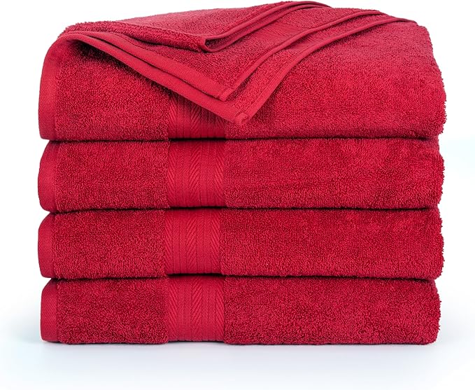 Ample Decor Bath Towel 100% Cotton 30 X 54 Inch 600 GSM Towels Bathroom Soft Light Weight - 4pcs - Christmas Red