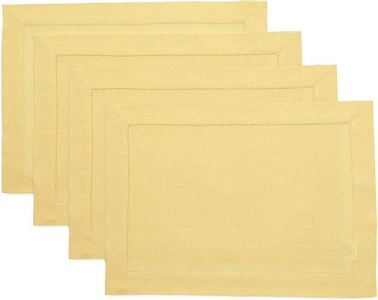 Solino Home Linen Placemats Set of 4 - Classic Hemstitch Yellow Placemats 14 x 19 Inch - 100% Pure Linen Table Mats