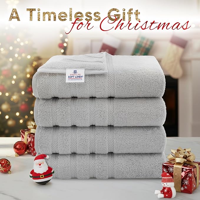 American Soft Linen Luxury 4 Piece Bath Towel Set, 600 GSM 100% Cotton Turkish Bath Towels for Bathroom, 27x54 in Large Bathroom Shower Towels, Light Grey