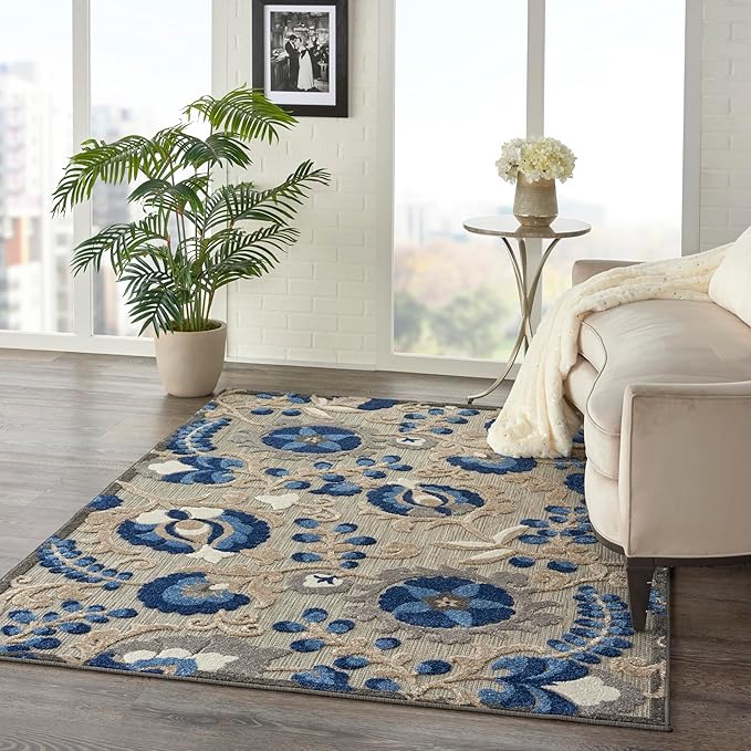 Nourison Home Aloha Natural Blue 6' x 9' Area Rug - Easy Clean, Non Shedding, Bed Room, Living Room, Dining Room, Kitchen (6' x 9')