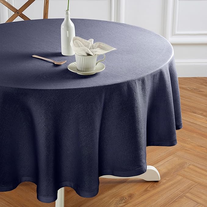 Solino Home Linen 60 Inch Round Tablecloth - 100% Pure Linen Indigo Navy Round Tablecloth - Machine Washable Table Cloth for Winter - Sonoma Hemstitch