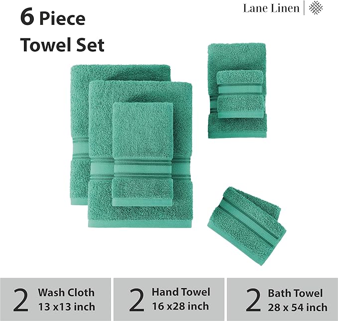 LANE LINEN Luxury Bath Towels Set - 6 Piece, 100% Cotton, Zero Twist, Quick Dry, Absorbent, Super Soft 2 Bath Towels, 2 Hand Towels, 2 Wash Cloths: Teal