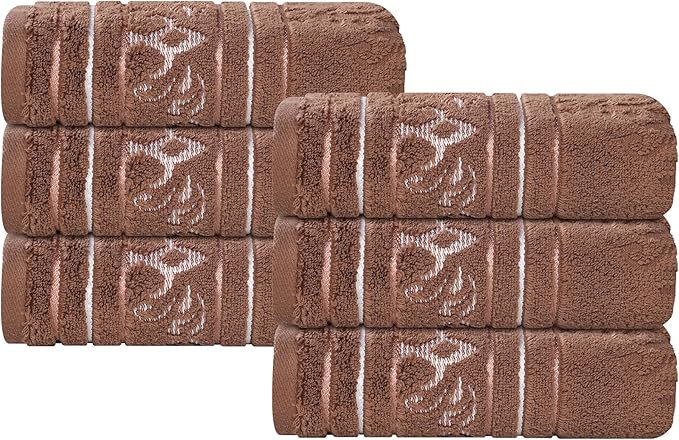 Superior Cotton Hand Towel Set, Small Towels, Plush Soft Absorbent Bathroom Basics, Home Essentials, Spa, Salon, Hotel, Kitchen, Luxury Quick Drying, Zero-Twist, Jacquard Floral, Set of 6, Chocolate