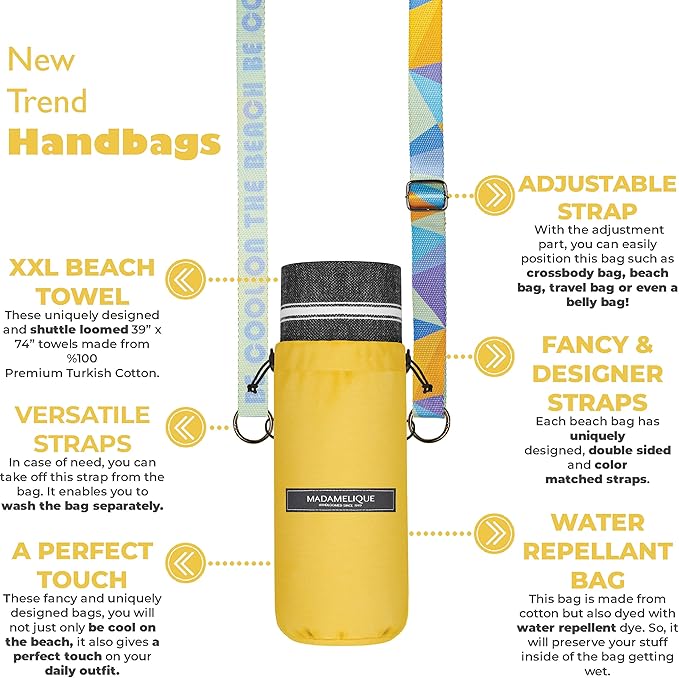 Madamelique Turkish Beach Towel with Beach Bag - 39 x 74 - Prewashed Beach Towels Oversized -%100Cotton - Quick Dry - Sand Free - Hand Loomed Turkish Bath Towels - Unique Towel (Black)