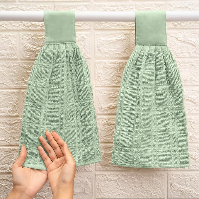 Blue Needles Hanging Kitchen Towels - Sage Green 100% Cotton Solid Kitchen Tie Towel, Set of 2 Hand Dish Cloth with Hanging Loops 9 x 17 Inches, Absorbent, Super Soft, and Fast Drying Home Essential