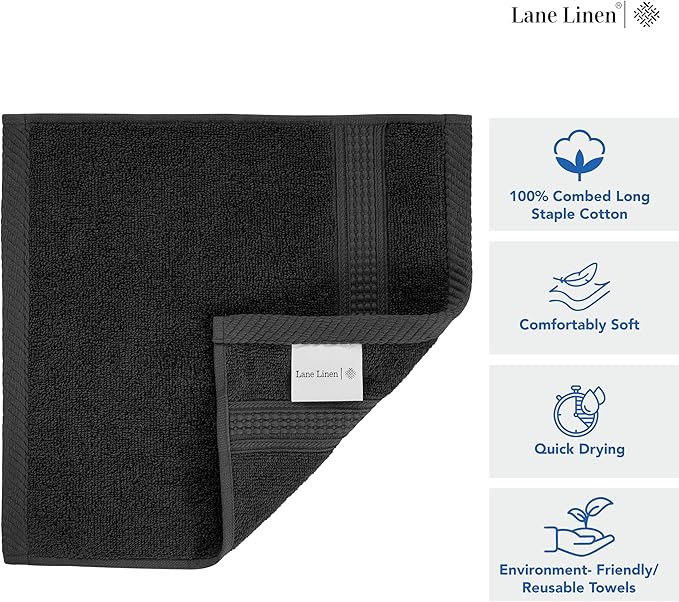 LANE LINEN Hand Towels 6 Pack (16"x28") - 100% Ringspun Cotton Bathroom Hand Towels - Durable, Quick Drying, Super Soft & Absorbent Large Hand Towel Set - Perfect for Regular use - Black Hand Towel