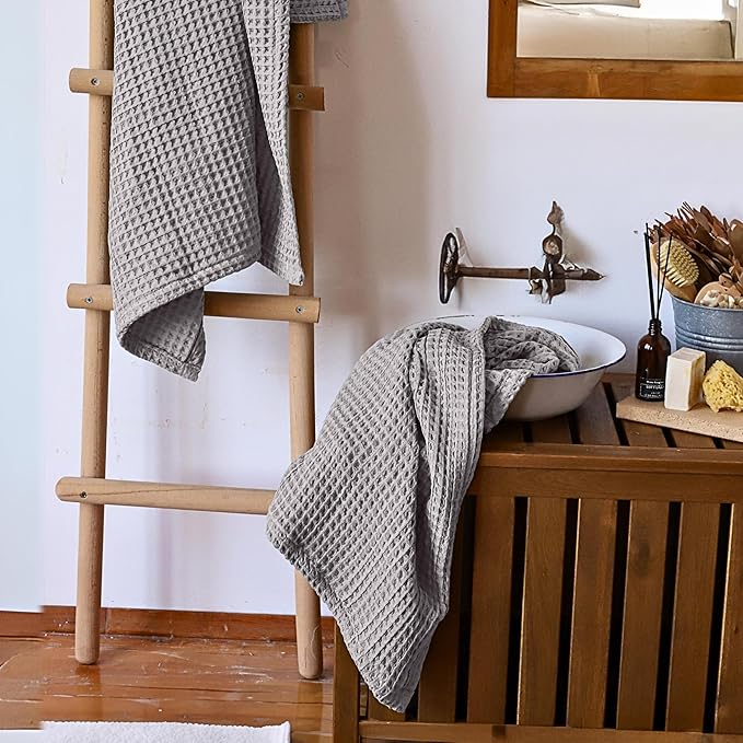 4-Piece Waffle Towels Set for Bathroom - Soft 100% Turkish Cotton Quick-Dry Lint-Free Waffle Weave Thin Bath and Hand Towels (Gray, 2 Bath & 2 Hand Towel Set)