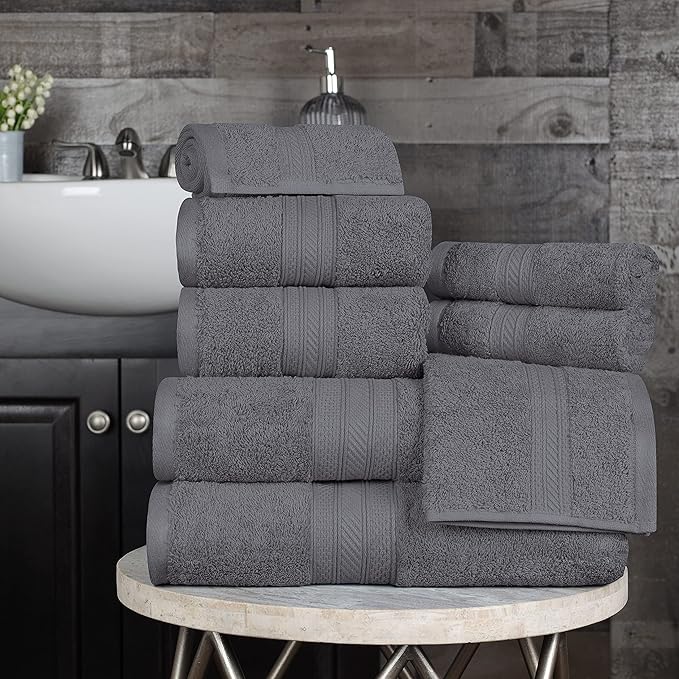 Superior Long Staple 100% Combed Cotton 700GSM 8-Piece Solid Towel Set for Bathroom, Shower, Kitchen-Super Soft, Plush, Assorted 8-Piece Towels, 4 Face/Washcloths, 2 Hand Towels, 2 Bath Towels, Grey