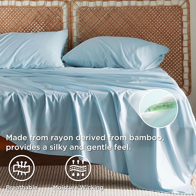 Bedsure Queen Sheet Set, Rayon Derived from Bamboo, Cooling Sheets, Breathable & Soft, Deep Pocket Up to 16 Inches, Hotel Luxury Silky Bedding for Hot Sleepers, Aqua