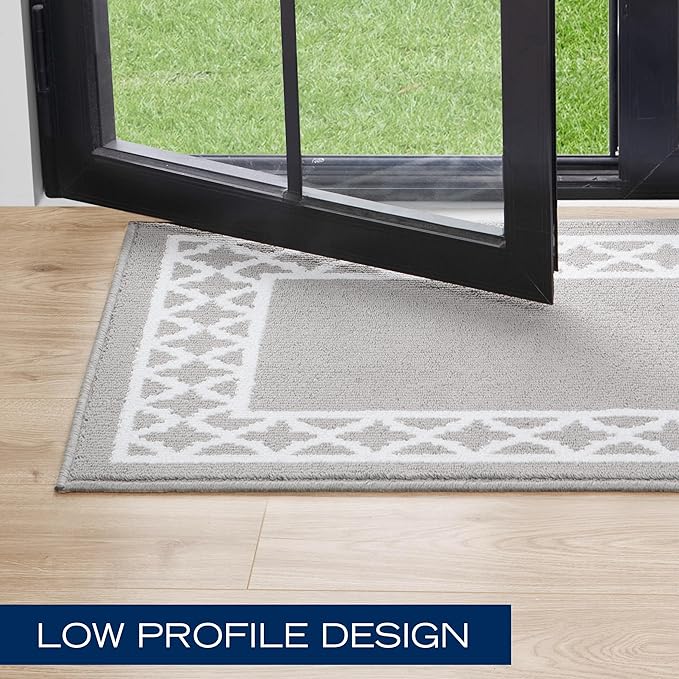 Nautica Runner Rug | Indoor Carpet for Entryway & Hallway Rug| Non-Slip and Non-Skid Entry | Machine Washable Low Profile Floor Mat | 26" x 72"| Trellis Border Light Grey and White