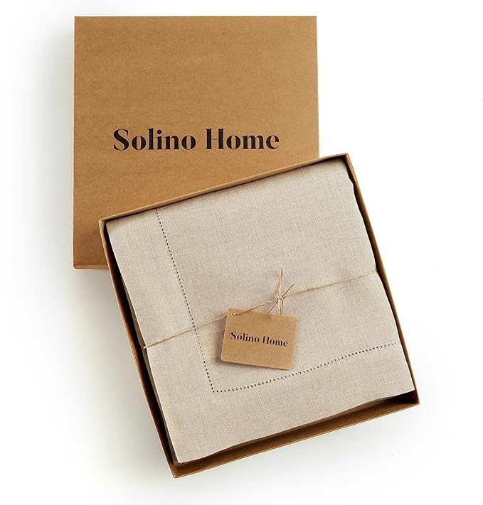 Solino Home Linen Tablecloth 70 x 132 Inch - Sonoma Hemstitch 100% Pure Linen Flax Table Cloth for Rectangle Tables - Machine Washable Tablecloth