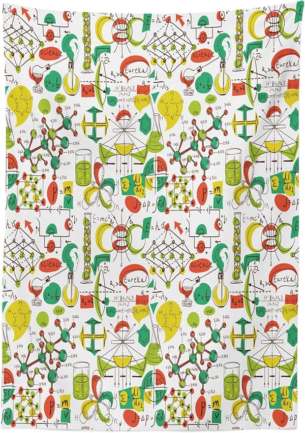 Ambesonne Colorful Tablecloth, Science Lab Objects Doodle Like Vintage Style Sketches Back to Theme Print, Rectangular Table Cover for Dining Room Kitchen Decor, 52" X 70", Apple Green