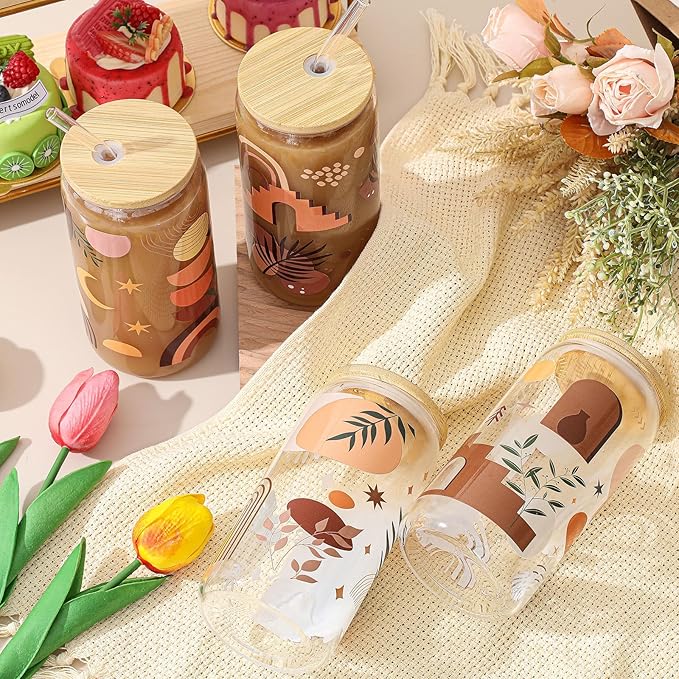 Mumufy 4 Pack Bohemian Neutral Aesthetic 16 oz Glass Cup Tumbler with Bamboo Lid & Straw, Boho Rainbow Abstract Design Iced Coffee Mugs, Gift for Women Mom Sister Mothers Day Birthday