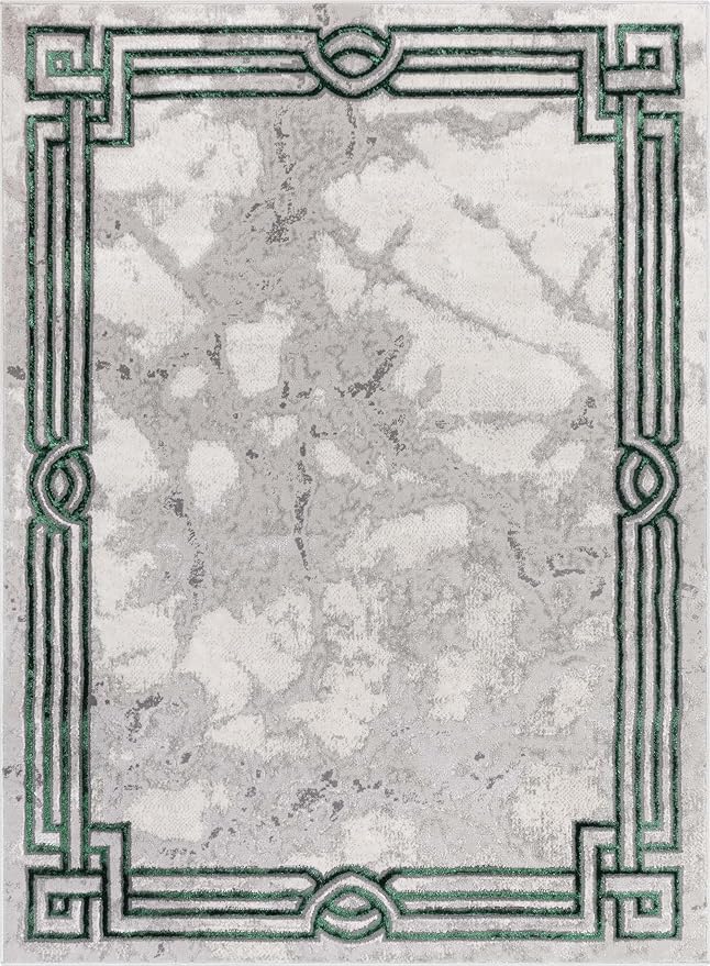 Well Woven Lezlee Abstract Modern 6'7" x 9'3" Area Rug - Emerald Green Marble Border - for Living Room, Dining Room, Bedroom