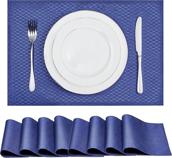 Place Mats Set of 8 – Rectangle Rectangular Waterproof Fabric Polyester Cloth Washable Wipeable Heat Resistant Placemats for Kitchen Dining Dinner Table Indoor 13 x 19 Inch Navy Blue