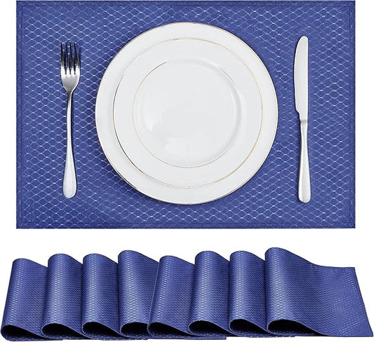 Place Mats Set of 8 – Rectangle Rectangular Waterproof Fabric Polyester Cloth Washable Wipeable Heat Resistant Placemats for Kitchen Dining Dinner Table Indoor 13 x 19 Inch Navy Blue