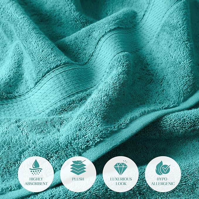 Superior Egyptian Cotton Pile Bath Towel Set of 2, Ultra Soft Luxury Towels, Thick Plush Essentials, Absorbent Heavyweight, Guest Bath, Hotel, Spa, Home Bathroom, Shower Basics, Turquoise