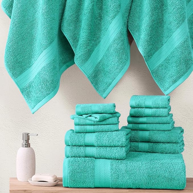 LANE LINEN 100% Ring Spun Cotton Bath Towel Set, 18PCs - 4 Shower Towels, 8 Washcloths, 6 Premium Hand Towels for Bathroom - Hotel Quality Softness & Oeko-Tex Certified, Sustainably Produced - Teal