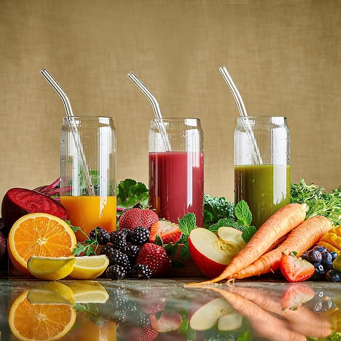 Set of 6 Ribbed Can Shaped Glass Cups with Glass Straws - 16oz Can Glass Drinking Glasses, Iced Coffee & Ice Tea Glasses, Clear Kitchen Tumbler Cup Cocktail Glass for Soda, Kiddush Cups & Sets