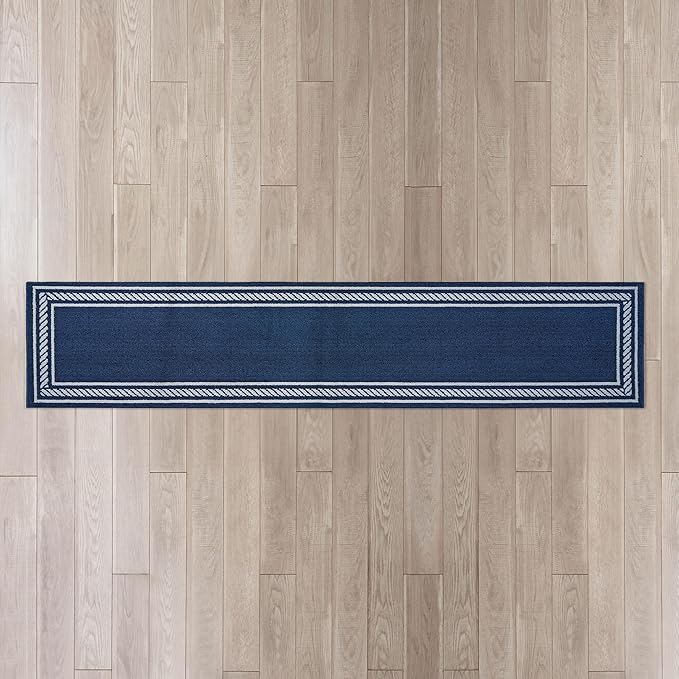 Nautica – Runner Rug | Indoor Runners for Hallways and Entry Rugs| Non-Slip and Non-Skid Entry and Kitchen Door Mat| Machine Washable Entryway Carpet Rugs | 2'6" x 10' | Rope Border Denim